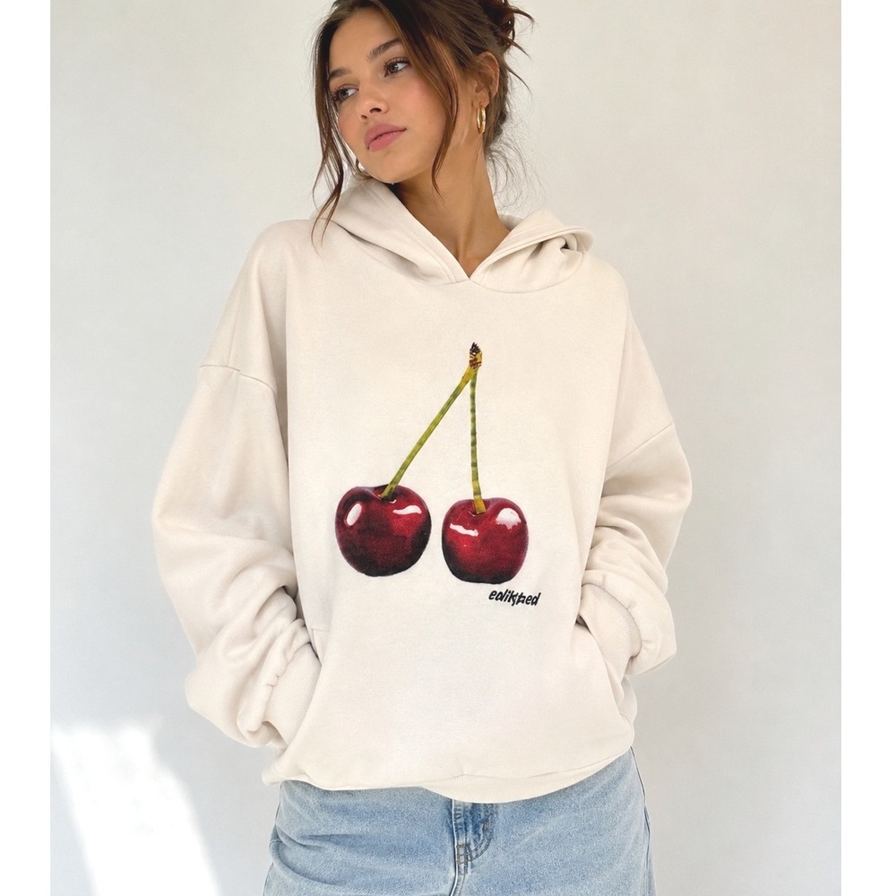 Edikted Cherry Graphic Hoodie Large Oversized Cream Streetwear Sweatshirt